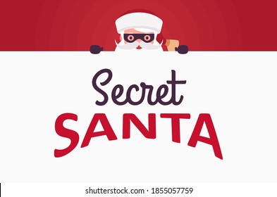 Secret Santa Claus wearing black eye mask, festive lettering design. Anonymous Father Christmas traditional new year decor, unknown volunteer presents giver. Vector flat style cartoon illustration