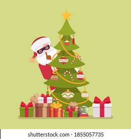 Secret Santa Claus wearing mask hiding behind a christmas tree. Anonymous Father Christmas bringing, sharing traditional new year gifts, unknown volunteer giver. Vector flat style cartoon illustration