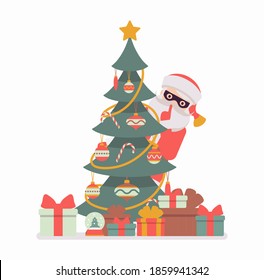 Secret Santa Claus wearing mask hiding behind a christmas tree. Anonymous Father Christmas bringing, sharing traditional new year gifts, unknown volunteer giver. Vector flat style cartoon illustration