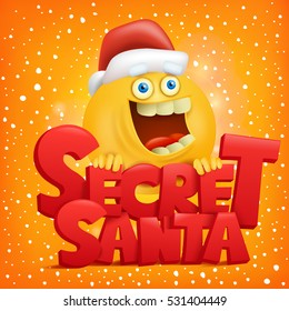 Secret Santa concept invitation card with yellow smiley face character. Vector illustration