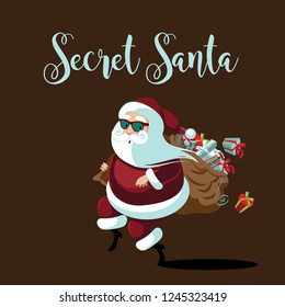 Secret Santa design with Cartoon Santa Claus delivering gifts while tiptoeing. Eps10 vector illustration.