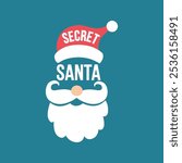 Secret Santa face card or sticker design. Vector flat illustration of Santa costume.