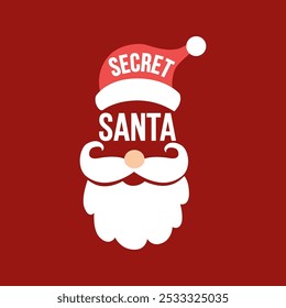 Secret Santa face card or sticker design. Vector flat illustration of Santa costume.