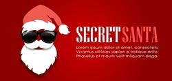 Secret Santa Face With Sunglasses, Christmas Banner Design On Red Background. Vector Flat Illustration Of Santa Costume, Winter Holiday Clip Art.