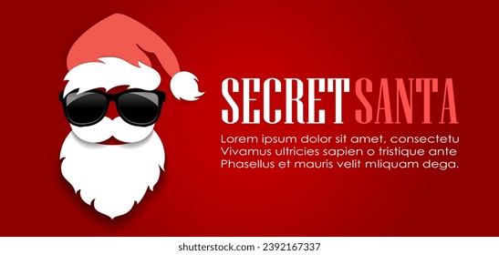 Secret Santa face with sunglasses, Christmas banner design on red background. Vector flat illustration of Santa costume, winter holiday clip art.