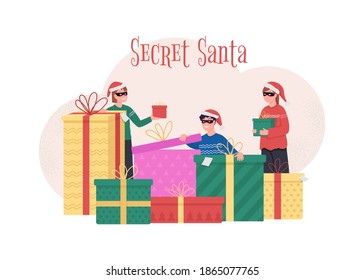 Secret Santa Flat Concept Vector Illustration. Give Surprise Gift To Coworker. Work Party. Friends In Masks 2D Cartoon Characters For Web Design. Christmas Holiday Celebration Creative Idea