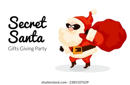 Caricatura secreta de Santa Funny, Santa Claus se escabulló con una bolsa de regalo y una máscara. Tarjeta navideña con regalo de saco de Santa. Afiches de ilustraciones vectoriales de Navidad y Año Nuevo, etiquetas de regalo, invitación de fiesta