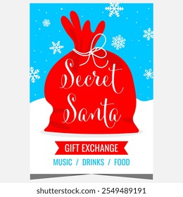 Secret Santa and gift exchange party invitation template with big red bag full of presents. Vector poster or banner for traditional Christmas and new Year wonderful ritual of gift guessing.