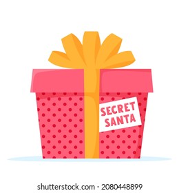 Secret Santa Gift With Tag. Christmas Surprise Present In Wrapped Gift Box With Bow. Vector Illustration