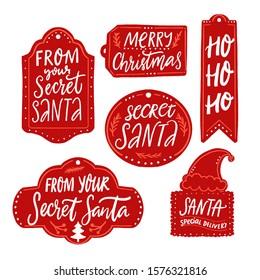 Secret Santa Gift Tags, Red Labels With Text. Handwritten Inscriptions From Your Secret Santa, Merry Christmas, Ho Ho Ho, Santa Special Delivery.