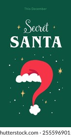 Secret Santa Holiday Poster with question mark Santa hat minimalist design on green background. Vector illustration for party invitations or social campaigns