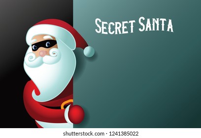 Secret Santa invitation background featuring cartoon Santa Claus holding a placard with copy space. Eps10 vector illustration.