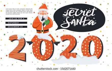 Secret Santa invitation landing page template. Santa Claus sitting and showing to be silent gesture. Big lettering of 2020 year. Design concept for invitation, poster, banner etc. Vector.
