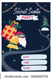 Secret Santa invitation template with santa and box. Christmas Santa in mask for party with presents on dark background. Vertical flyer for Christmas event. 