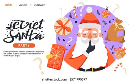 Secret Santa invitation template. Santa Claus showing to be silent gesture with gift and lettering. Design concept for invitation, poster, banner etc. Vector.