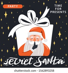 Secret Santa invitation template with lettering. Santa Claus showing to be silent gesture in gift box shape. Design concept for invitation, poster, banner etc. Vector.
