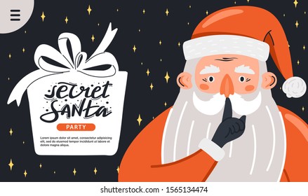 Secret Santa landing page invitation template. Santa Claus showing to be silent gesture. Gift box shape with lettering. Design concept for invitation, poster, banner etc. Vector.