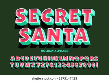 Santa Secreta; Un animado tipo de letra de efecto tridimensional en los colores de las vacaciones navideñas. Excelente para anuncios de venta y señalización en la tienda.