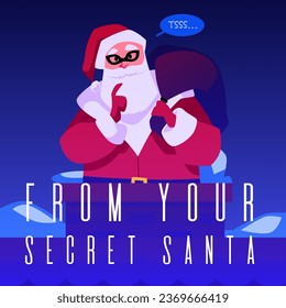 Secret santa in mask with a gift bag on the roof in chimney. Funny Santa Claus sneakily delivering present. Vector merry christmas and happy new year against of the night sky cartoon poster
