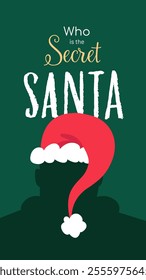 Secret Santa party announcement design with mysterious silhouette and Santa hat in a form of question mark. Unique poster showing surprise and fun. Vector illustration