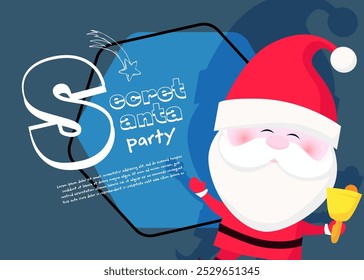 Secret Santa party banner with cute Santa Claus ringing bell and dancing on abstract background. Lettering with realistic elements can be used for invitations, signs, announcements