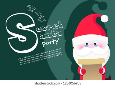 Secret Santa party banner design with concentrated Santa Claus in glasses reading scroll on green background. Lettering with realistic elements can be used for invitations, signs, announcements