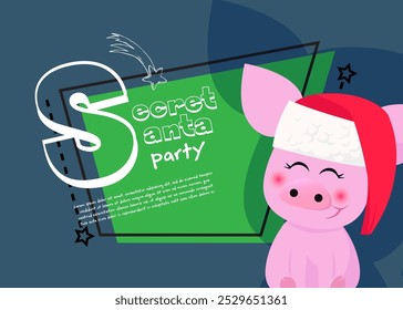 Secret Santa party banner design with funny red-cheeked pig in Santa hat keeping eyes closed. Lettering with realistic elements can be used for invitations, signs, announcements