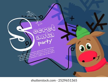 Secret Santa party banner design with friendly deer in hat and scarf waving hoof on abstract background. Lettering with realistic elements can be used for invitations, signs, announcements