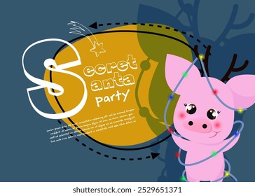 Secret Santa party banner design with playful cute piglet wearing antler headband wrapped in Christmas lights. Lettering with realistic elements can be used for invitations, signs, announcements