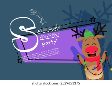 Secret Santa party banner design with red-nosed deer in hat and scarf playing with Christmas lights. Lettering with realistic elements can be used for invitations, signs, announcements