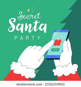 Secret Santa party banner or invitation design with handwritten lettering. Santa Claus using a smartphone for choosing a gift online. Spirit of modern gift-giving