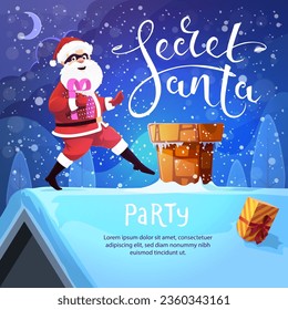 Fiesta secreta de Santa. Caricatura graciosa de Santa con caja de regalo en el techo. Afiche festivo vectorial con el gracioso padre Noel usa máscara ladrón robando a la chimenea con caja de regalo en las manos en la noche de la noche