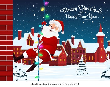 Secret Santa party for Christmas, cartoon Santa hanging on garland, vector banner. Winter holiday Merry Christmas and Happy New Year greeting card with secret Santa and gifts in snowy town