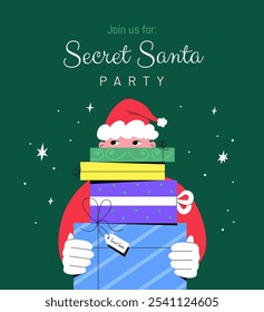 Secret Santa party festive Christmas illustration in modern flat style. Mysterious person hiding behind a pile of wrapped gifts that he holding in his hands. Vector invitation