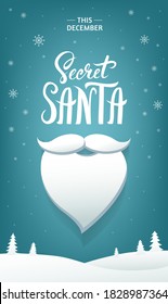 Secret Santa party flyer or leaflet design template with hand-drawn calligraphic text and Santa Clauses beard. - Vector illustration