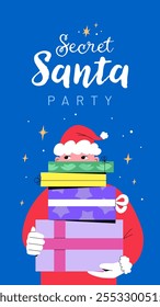 Secret Santa party handwritten lettering and festive Christmas illustration of a man wearing a Santa Claus costume and hiding behind a bunch of gifts. Cute vector design