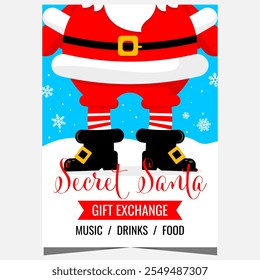 Secret Santa party invitation with funny silhouette of Santa Claus in his traditional costume. Vector template for banner or poster suitable for Christmas entertainment ritual of gift exchange.