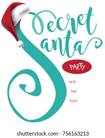 Plantilla de invitación secreta de Santa Parte. Caricatura de Santa Claus trepando a la chimenea para entregar su saco de regalos. Vector EPS 10.