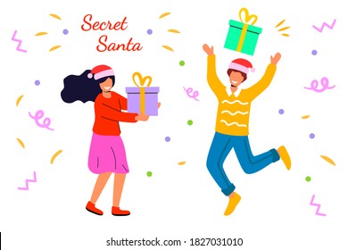 Secret Santa People Celebrating Cristmas With Friends Or Colleagues At Work Christmas Or New Year Banner, Flyer, Landing Page Traditional Winter Holiday Celebration Secret Santa Surprises Unwrapping