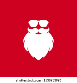 Secret Santa poster. Claus face silhouette with beard and hipster sun glasses on red background. Label for party or greeting card. Vector flat illustration. Merry christmas clip art.