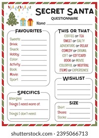 Secret Santa Questionnaire. Gift Exchange. Office Secret Santa. Workplace Gift Questionnaire. Christmas Wish list template.