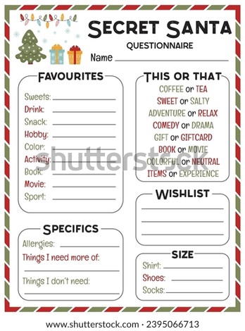 Secret Santa Questionnaire. Gift Exchange. Office Secret Santa. Workplace Gift Questionnaire. Christmas Wish list template.