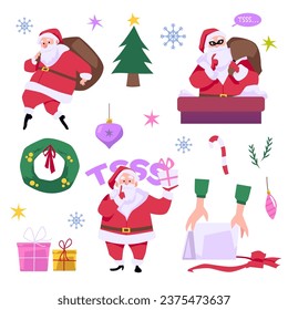 Secret Santa, set of vector illustration in simple flat style. Isolated in white. Collection of cute christmas cliparts.