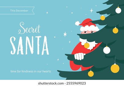 Ilustración vectorial sorpresa secreta de Santa. Jolly Santa se cuela un vistazo de un árbol de Navidad lleno de adornos dorados y blancos. Navidades Tradición de regalar