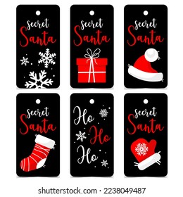 Secret Santa tag or label with Christmas elements such as gift or present, Christmas stocking, red Santa Claus mittens and hat on black background. Vector illustration in flat style.