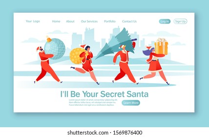 Secret Santa theme for website or landing page tamplate. Flat people characters preparing gifts for the New Year. Men and women carry a Christmas tree, gift boxes, gift bags and Christmas toys.