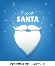 Secret Santa vector banner design with white beard and snowflakes on blue background. Gift exchange Christmas party