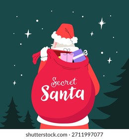 Geheimnis Santa Vector Banner. Nachtszene mit dem Weihnachtsmann mit einer großen Tasche voller Weihnachtsgeschenke. Illustration im modernen Flachstil für Karte, Einladung oder Social Media