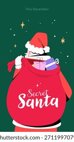 Anuncio secreto de Vertical de Vector de Santa para publicación en redes sociales, Web o impreso. Ilustración de Navidades de estilo plano festivo moderno con Santa Claus llevando una Grande bolsa de regalo
