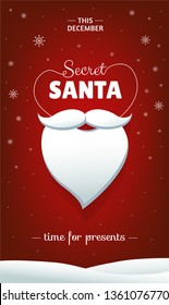 Secret Santa Vertical Flyer Design Concept With White Beard And Snowflakes On Red Background. Time For Presents. - Vector